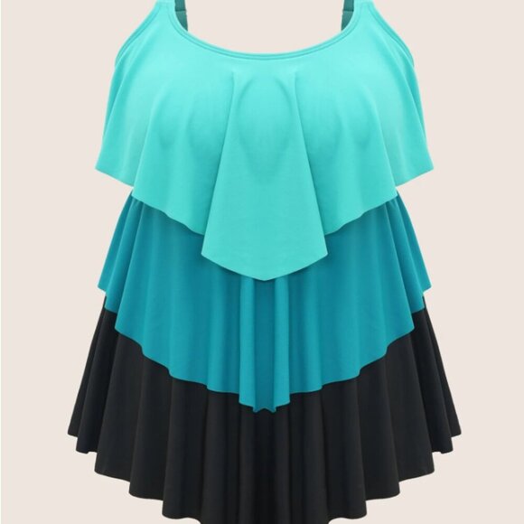 Bloomchic Plus size  Colorblock Contrast Ruffle Layered Hem Tankini Top - Picture 3 of 3